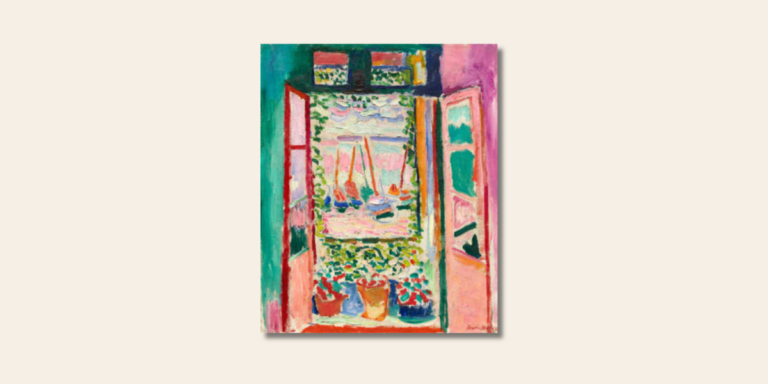 La finestra aperta a Collioure di Henri Matisse, dipinto con una finestra affacciata sul porto e barche a vela colorate.